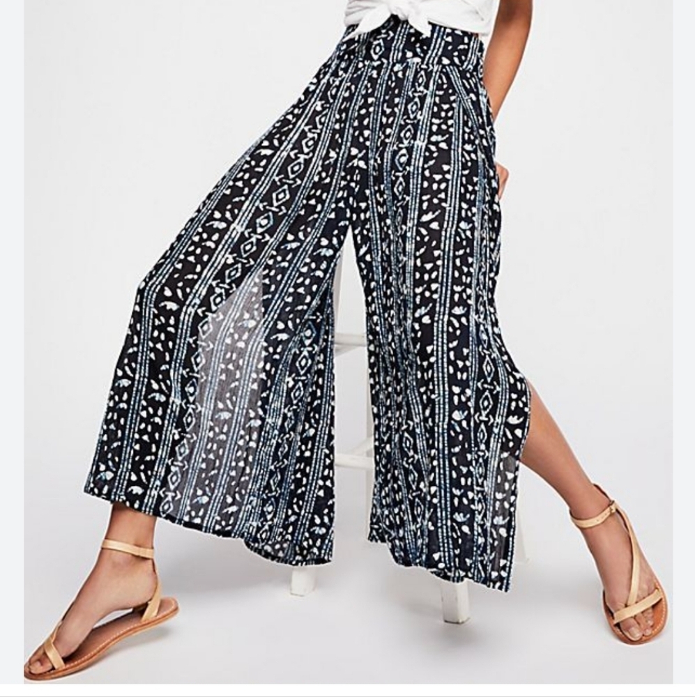 Free People Elena Wide Leg Crop Pants Boho Elastic Waistband - Picture 1 of 7